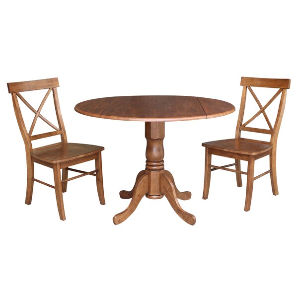 International Concepts Round 42 in Dual Drop Leaf Table, 2 X-Back Chairs, Distressed Oak, 42 in W, 42 in L, 29.5 in H - K42-42DP-C613P