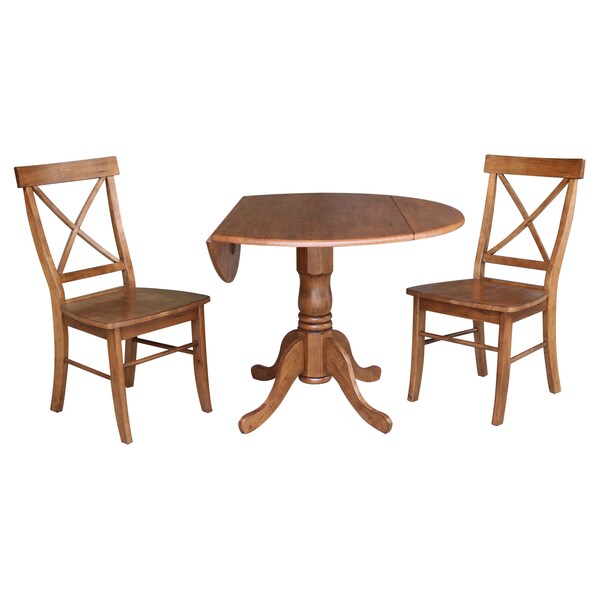 International Concepts Round 42 in Dual Drop Leaf Table, 2 X-Back Chairs, Distressed Oak, 42 in W, 42 in L, 29.5 in H - K42-42DP-C613P