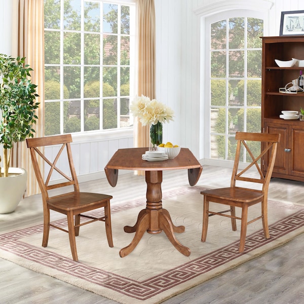International Concepts Round 42 in Dual Drop Leaf Table, 2 X-Back Chairs, Distressed Oak, 42 in W, 42 in L, 29.5 in H - K42-42DP-C613P