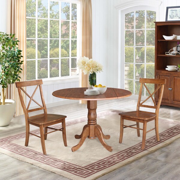 International Concepts Round 42 in Dual Drop Leaf Table, 2 X-Back Chairs, Distressed Oak, 42 in W, 42 in L, 29.5 in H - K42-42DP-C613P