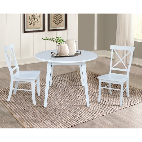 International Concepts 42 in. Solid Wood Round Dual Drop Leaf Dining Table with 2 Chairs in White - K08-42DL-C613-2