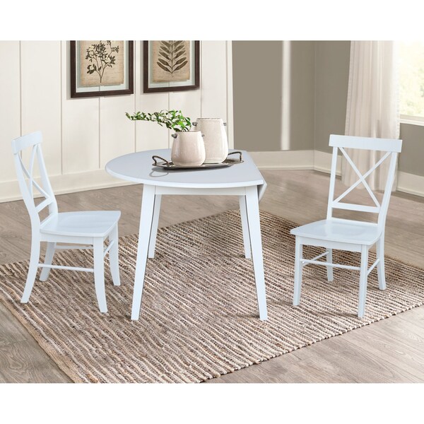 International Concepts 42 in. Solid Wood Round Dual Drop Leaf Dining Table with 2 Chairs in White - K08-42DL-C613-2