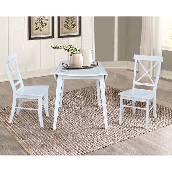 International Concepts 42 in. Solid Wood Round Dual Drop Leaf Dining Table with 2 Chairs in White - K08-42DL-C613-2