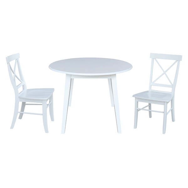 International Concepts 42 in. Solid Wood Round Dual Drop Leaf Dining Table with 2 Chairs in White - K08-42DL-C613-2