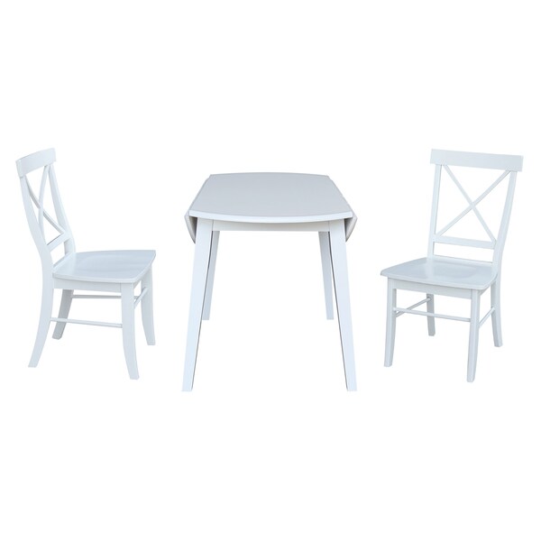 International Concepts 42 in. Solid Wood Round Dual Drop Leaf Dining Table with 2 Chairs in White - K08-42DL-C613-2
