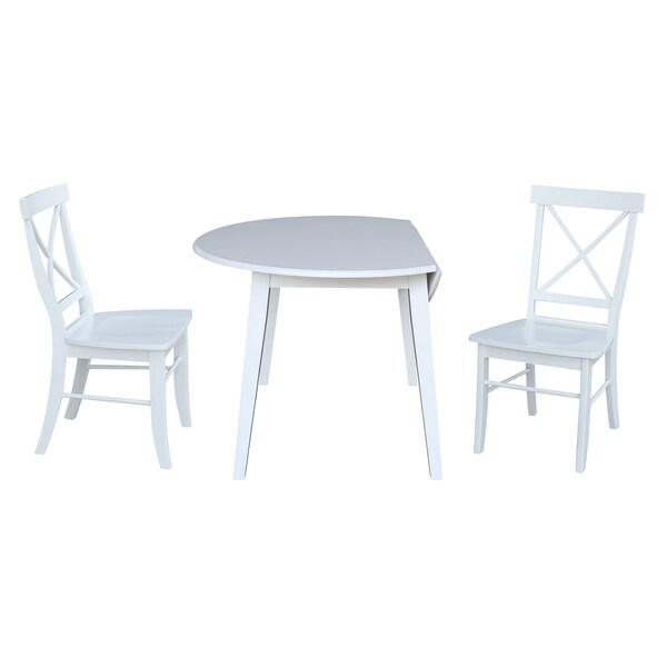 International Concepts 42 in. Solid Wood Round Dual Drop Leaf Dining Table with 2 Chairs in White - K08-42DL-C613-2