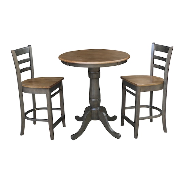 International Concepts Round 30 in Rd Ped Gathering Ht Table, 2 Emily Counter Ht Stools, Hickory/Coal, 30 in W, 30 in L - K45-30RT-6B-S6172-2