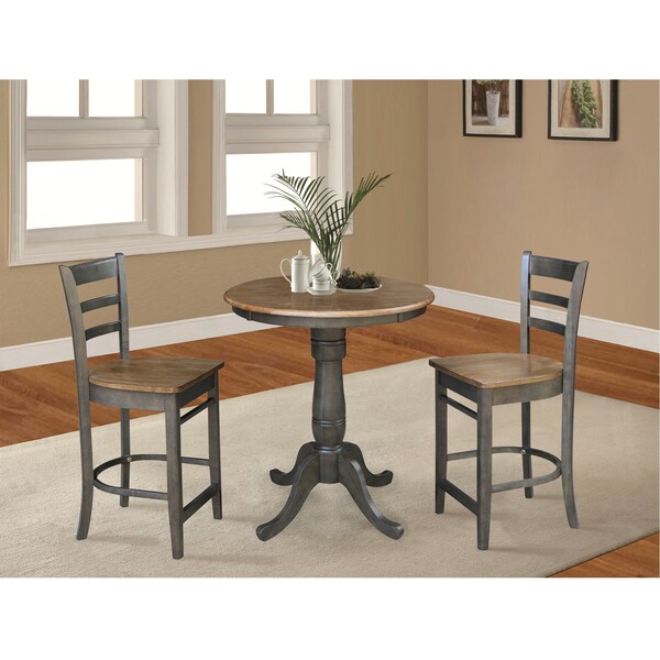 International Concepts Round 30 in Rd Ped Gathering Ht Table, 2 Emily Counter Ht Stools, Hickory/Coal, 30 in W, 30 in L - K45-30RT-6B-S6172-2