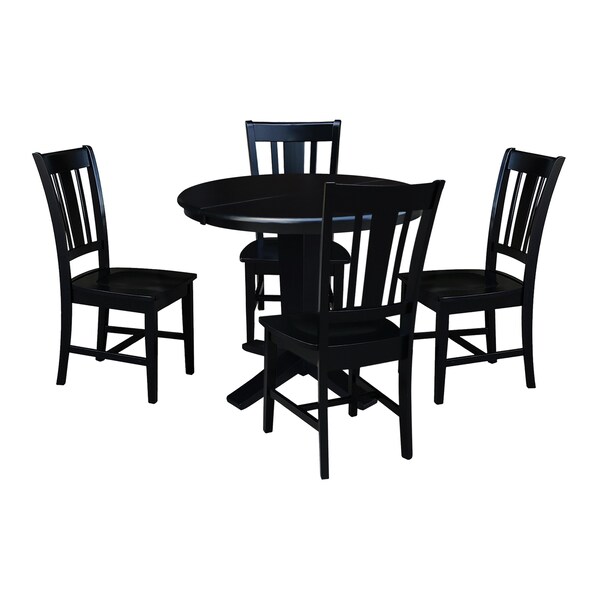 International Concepts 36 in. Solid Wood Round Extension Dining Table with 4 Chairs in Black - K46-36RXT-23B-C10-4