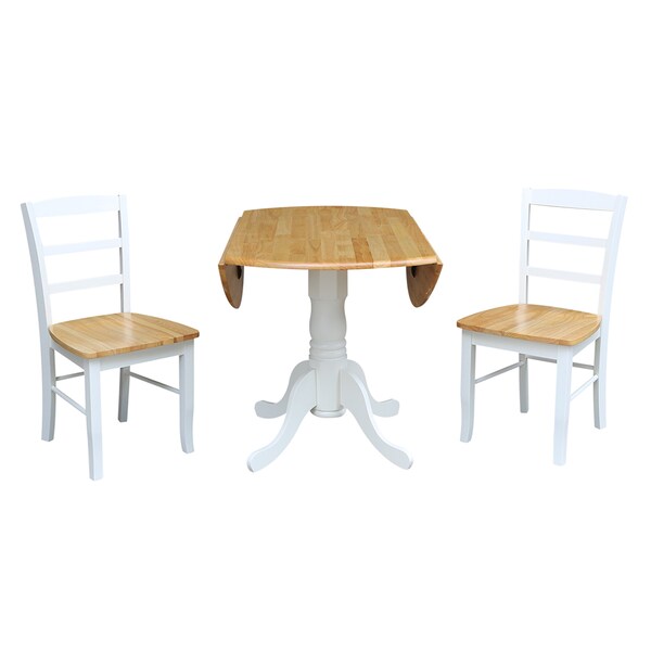 International Concepts Square 42 in Dual Drop Leaf Table with 2 Madrid Chairs, White/Natural, 42 in W, 42 in L, 29.5 in H - K02-42DP-C2P-2