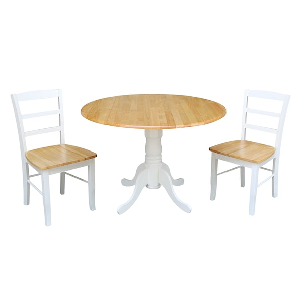 International Concepts Square 42 in Dual Drop Leaf Table with 2 Madrid Chairs, White/Natural, 42 in W, 42 in L, 29.5 in H - K02-42DP-C2P-2