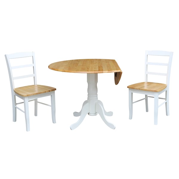 International Concepts Square 42 in Dual Drop Leaf Table with 2 Madrid Chairs, White/Natural, 42 in W, 42 in L, 29.5 in H - K02-42DP-C2P-2