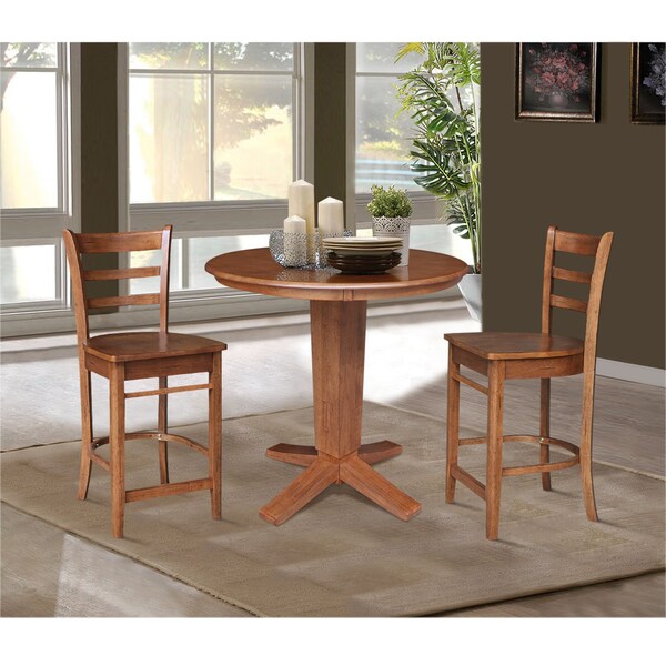 International Concepts 36 in. Solid Wood Round Top Pedestal Dining Table with 2 Counter Height Stools in Distressed Oak - K42-36RT-23B-S6172-2