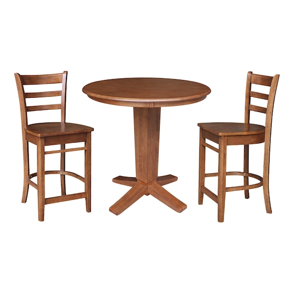 International Concepts 36 in. Solid Wood Round Top Pedestal Dining Table with 2 Counter Height Stools in Distressed Oak - K42-36RT-23B-S6172-2