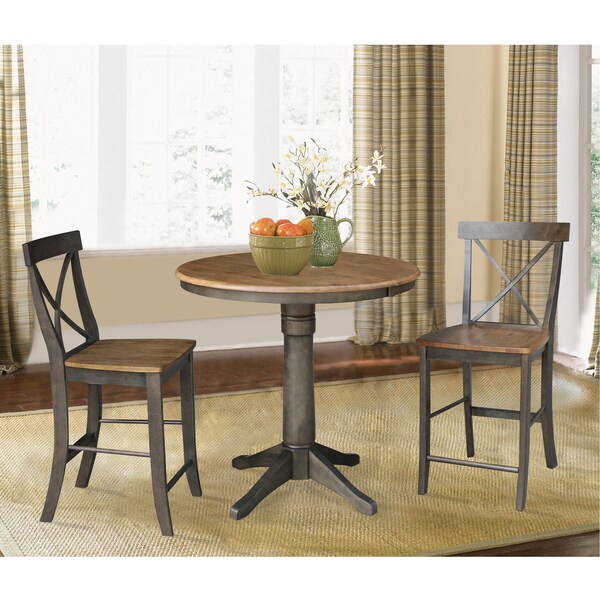 International Concepts Round 36 in Rd Extension Dining Table, 2 X-Back Counter Ht Stools, Hickory/Coal, 36 in W, 48 in L - K45-36RXT-27-S6132-2