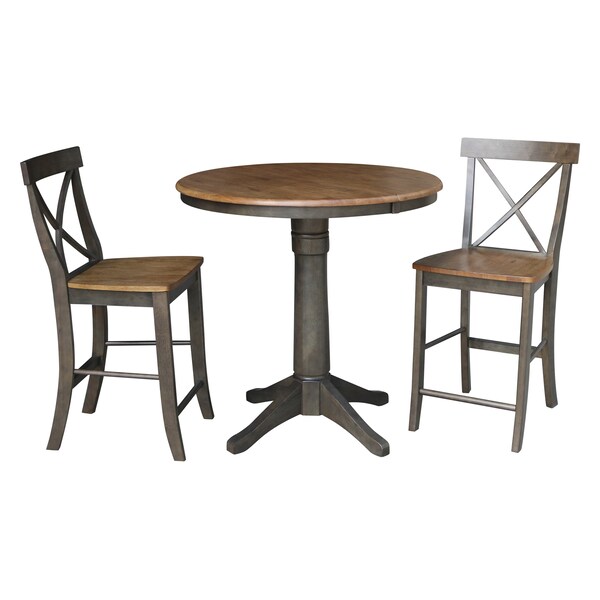 International Concepts Round 36 in Rd Extension Dining Table, 2 X-Back Counter Ht Stools, Hickory/Coal, 36 in W, 48 in L - K45-36RXT-27-S6132-2