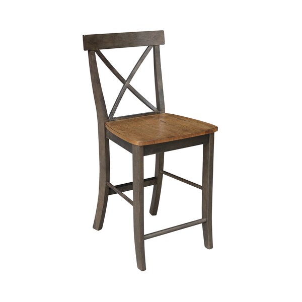 International Concepts Round 36 in Rd Extension Dining Table, 2 X-Back Counter Ht Stools, Hickory/Coal, 36 in W, 48 in L - K45-36RXT-27-S6132-2