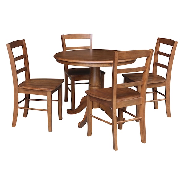 International Concepts 36 in. Round Top Pedestal Dining Table with 4 Madrid LadderBack Chairs - 5 Piece Dining Set - K42-36RT-C2-4