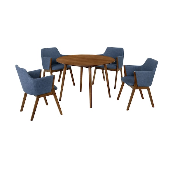 Armen Living Arcadia and Renzo 42" Round Blue and Walnut Wood 5 Piece Dining Set - SETARDI5REWABLU42