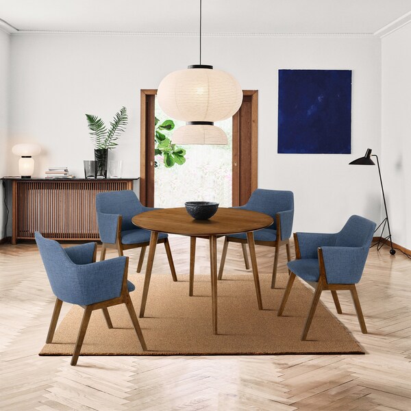 Armen Living Arcadia and Renzo 42" Round Blue and Walnut Wood 5 Piece Dining Set - SETARDI5REWABLU42