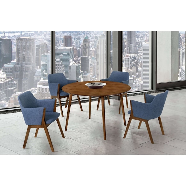 Armen Living Arcadia and Renzo 48" Round Blue and Walnut Wood 5 Piece Dining Set - SETARDI5REWABLU48