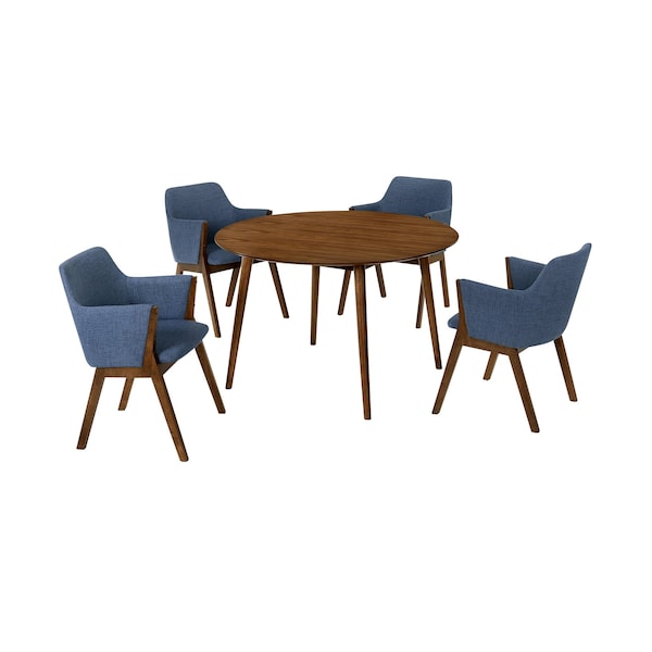 Armen Living Arcadia and Renzo 48" Round Blue and Walnut Wood 5 Piece Dining Set - SETARDI5REWABLU48