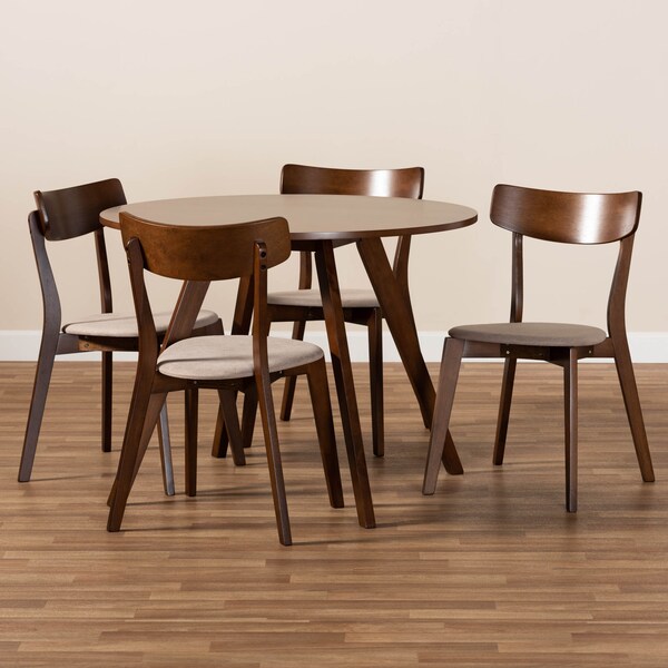 Baxton Studio Rika Light Beige Upholstered and Walnut Wood 5-Piece Dining Set - 168-10813-10808