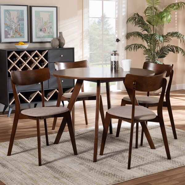 Baxton Studio Rika Light Beige Upholstered and Walnut Wood 5-Piece Dining Set - 168-10813-10808