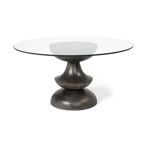Homeroots 60 in. Round Glass Top Brown Wood with Pedestal Base Dining Table - 380484