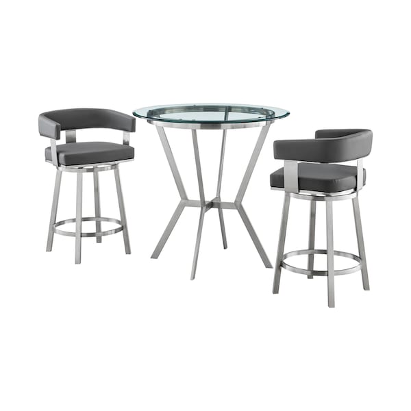 Armen Living Naomi and Lorin 3-Piece Counter Height Dining Set in Brushed Stainless Steel and Gray Faux Leather - SETNMLRGRBS3