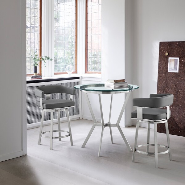 Armen Living Naomi and Lorin 3-Piece Counter Height Dining Set in Brushed Stainless Steel and Gray Faux Leather - SETNMLRGRBS3