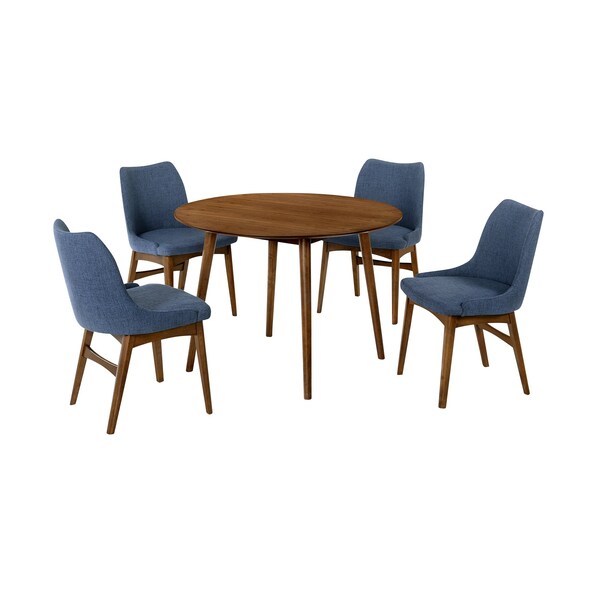 Armen Living Arcadia and Azalea 42" Round Blue and Walnut Wood 5 Piece Dining Set - SETARDI5AZWABLU42
