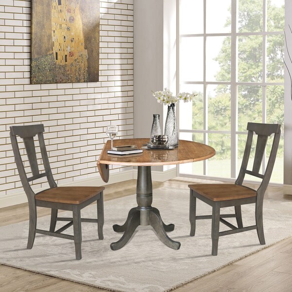 International Concepts Round Round 42 in. Dual Drop Leaf Dining Table with 2 Panel Back Chairs in Hickory/Washed Coal - K45-42DPT-C110-2
