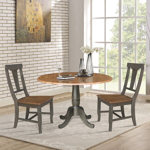 International Concepts Round Round 42 in. Dual Drop Leaf Dining Table with 2 Panel Back Chairs in Hickory/Washed Coal - K45-42DPT-C110-2