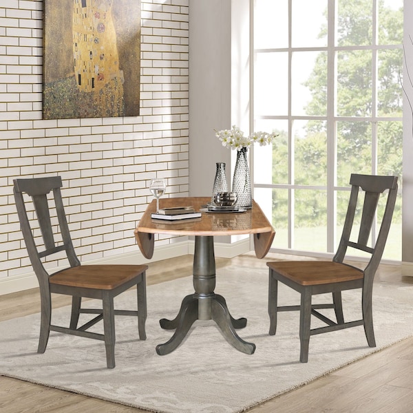 International Concepts Round Round 42 in. Dual Drop Leaf Dining Table with 2 Panel Back Chairs in Hickory/Washed Coal - K45-42DPT-C110-2