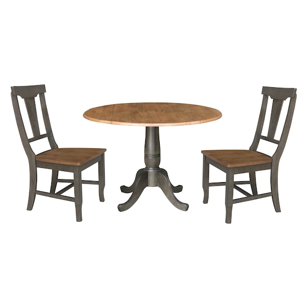International Concepts Round Round 42 in. Dual Drop Leaf Dining Table with 2 Panel Back Chairs in Hickory/Washed Coal - K45-42DPT-C110-2