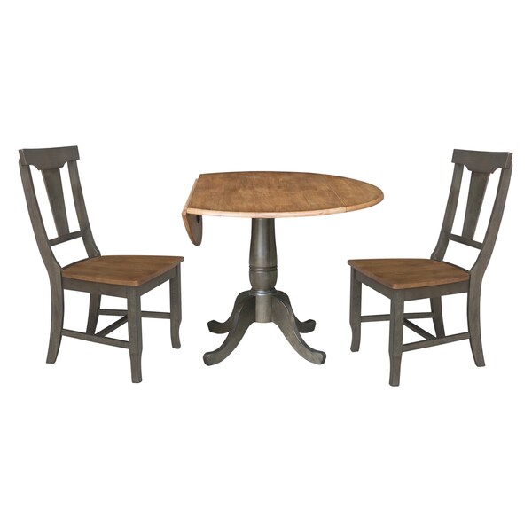 International Concepts Round Round 42 in. Dual Drop Leaf Dining Table with 2 Panel Back Chairs in Hickory/Washed Coal - K45-42DPT-C110-2