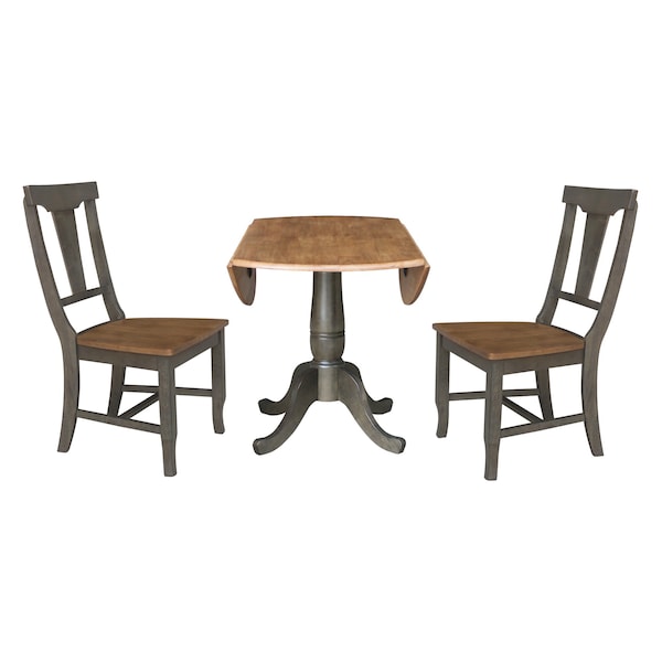 International Concepts Round Round 42 in. Dual Drop Leaf Dining Table with 2 Panel Back Chairs in Hickory/Washed Coal - K45-42DPT-C110-2