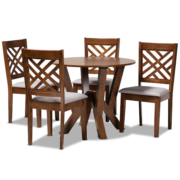 Baxton Studio Elise Grey Upholstered and Walnut Wood 5-Piece Dining Set - 169-9881-10899