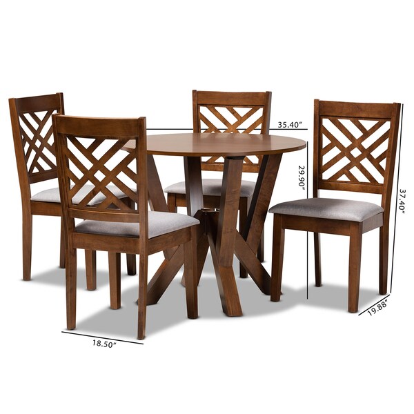 Baxton Studio Elise Grey Upholstered and Walnut Wood 5-Piece Dining Set - 169-9881-10899