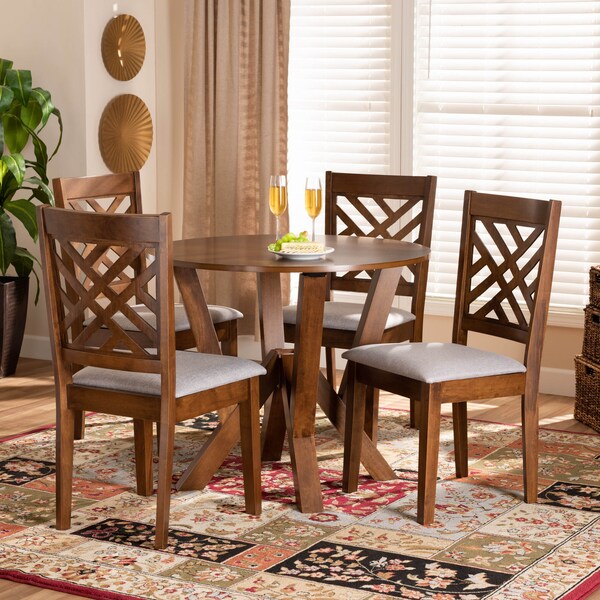 Baxton Studio Elise Grey Upholstered and Walnut Wood 5-Piece Dining Set - 169-9881-10899
