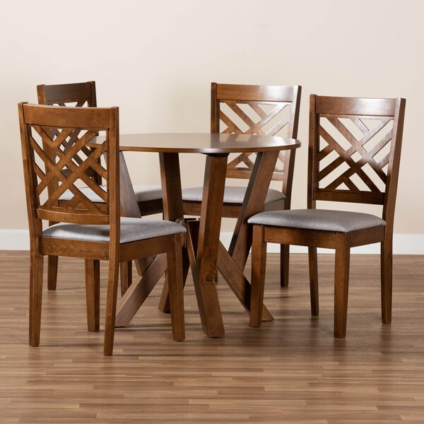 Baxton Studio Elise Grey Upholstered and Walnut Wood 5-Piece Dining Set - 169-9881-10899