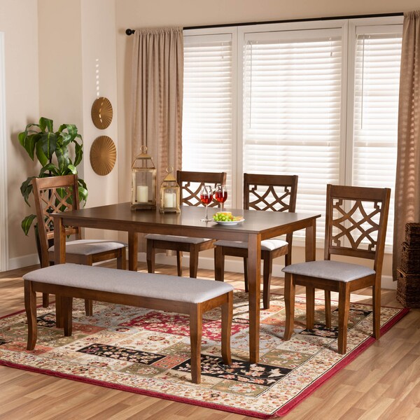 Baxton Studio Dori Grey Upholstered and Walnut Wood 6-Piece Dining Set - 169-9875-10920-10520