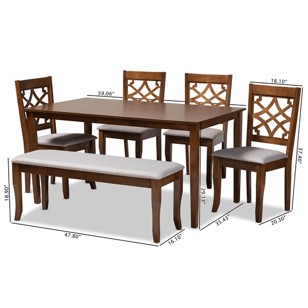 Baxton Studio Dori Grey Upholstered and Walnut Wood 6-Piece Dining Set - 169-9875-10920-10520