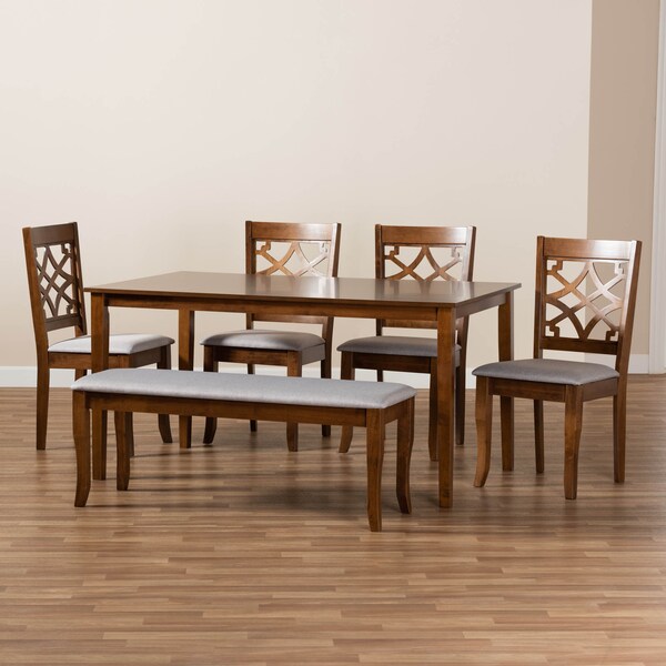 Baxton Studio Dori Grey Upholstered and Walnut Wood 6-Piece Dining Set - 169-9875-10920-10520