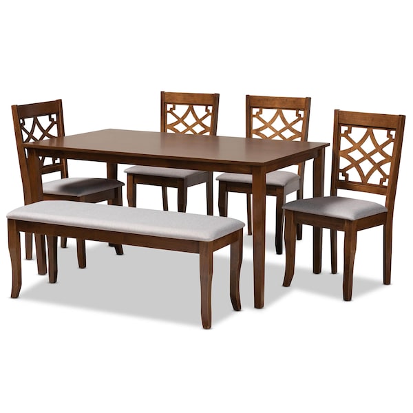 Baxton Studio Dori Grey Upholstered and Walnut Wood 6-Piece Dining Set - 169-9875-10920-10520