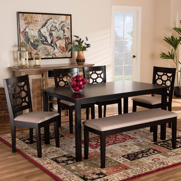 Baxton Studio Gabriel Sand Upholstered and Dark Brown Wood 6-Piece Dining Set - 171-10950-10916-10519