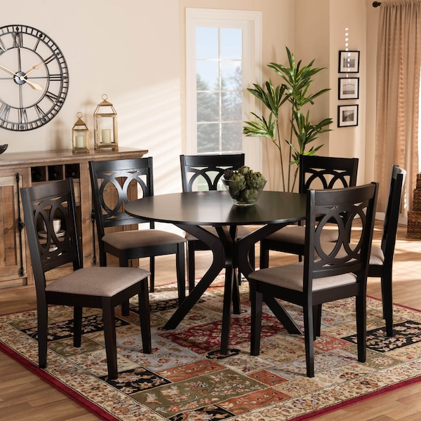 Baxton Studio Sanne Sand Upholstered and Dark Brown Finished Wood 7-Piece Dining Set - 172-10523-10894