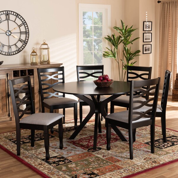 Baxton Studio Mila Grey Upholstered and Dark Brown Finished Wood 7-Piece Dining Set - 172-10530-10894
