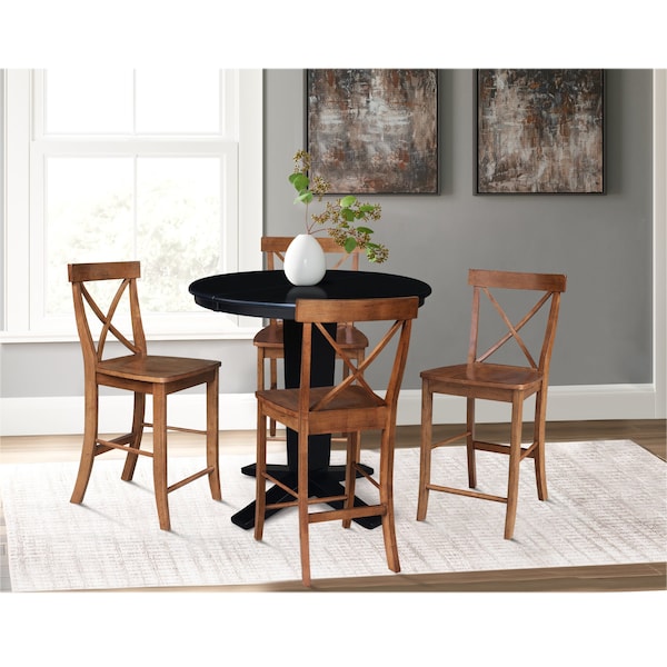 International Concepts 36 in. Solid Wood Round Extension Dining Table with 4 Counter Height Stools in Black/Distressed Oak - K46-36RXT-23S4261324